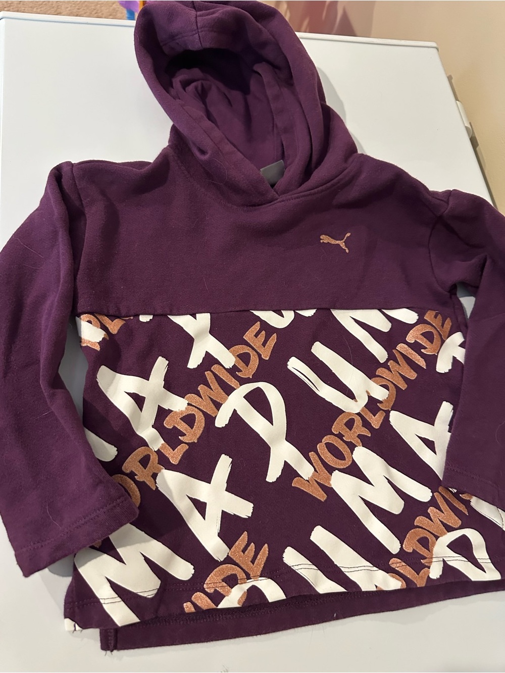 Puma Purple Kids Hoodie with White and Metallic Bronze Graphic